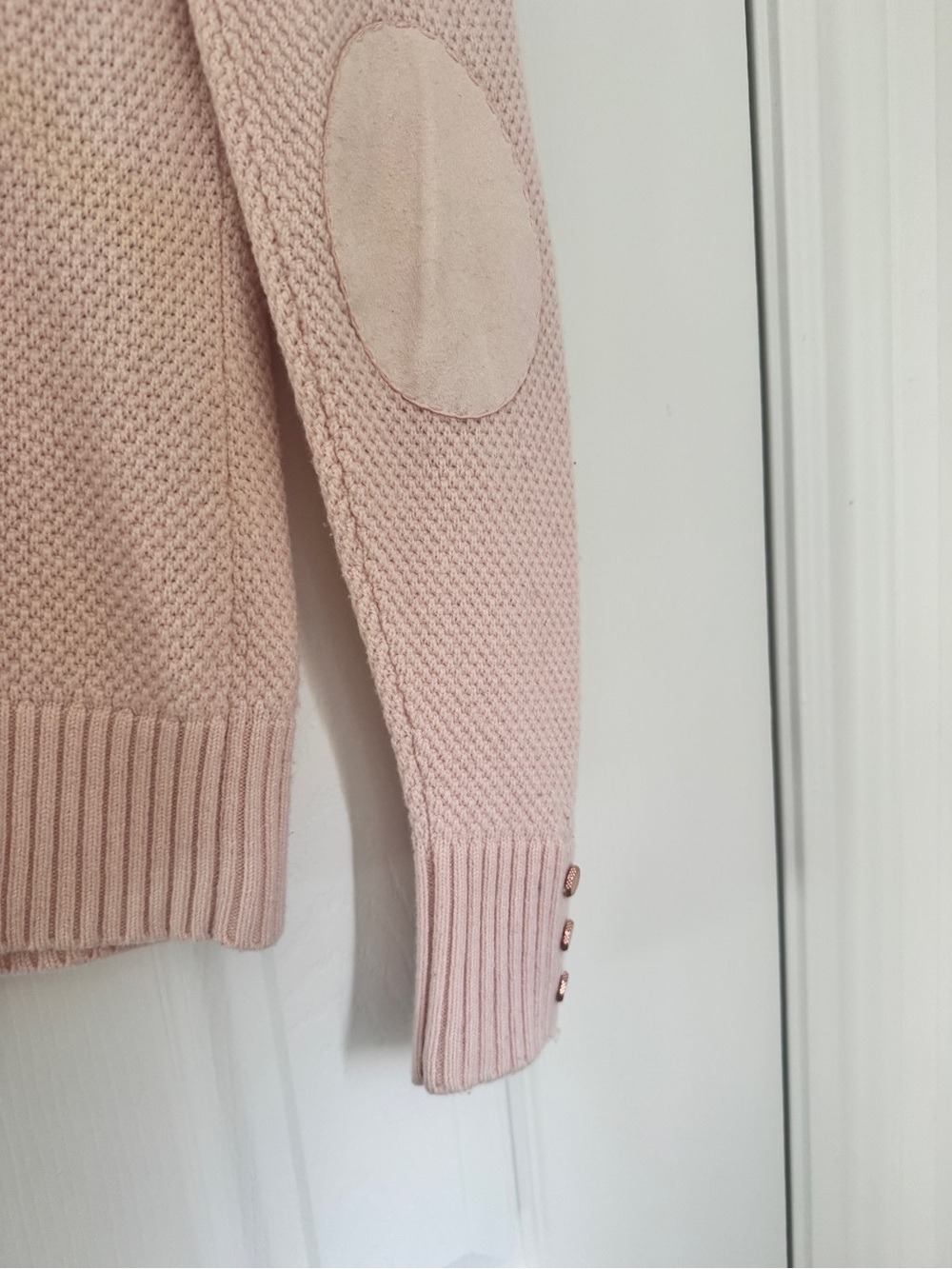 Ted Baker London Blush Pink Waffle Knit Sweater w/ Elbow Patches +buttons
